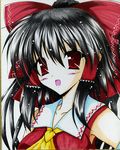  ascot black_hair bow hair_bow hakurei_reimu long_hair mon_yashiro_well red_eyes shikishi solo touhou traditional_media 