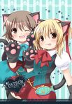  animal_ears blonde_hair brown_eyes brown_hair cat_ears hidamari_sketch miyako multiple_girls one_eye_closed patoto paws short_hair tail thighhighs yuno 