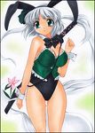  animal_ears bare_legs bunny_ears bunnysuit fake_animal_ears frills ghost green_eyes konpaku_youmu konpaku_youmu_(ghost) marker_(medium) older pastel_(medium) short_hair silver_hair solo sword touhou traditional_media weapon yadokari_genpachirou 