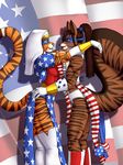  america costume couple feline female flag hug lesbian looking_at_each_other mask muscles pinkuh superhero tail tiger usa 