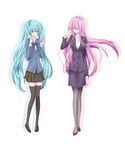  aqua_hair business_suit finger_to_face formal hatsune_miku jacket kodama_naoko long_hair megurine_luka mirror multiple_girls pantyhose pencil_skirt pink_hair school_uniform simple_background skirt skirt_suit suit thighhighs twintails very_long_hair vocaloid zettai_ryouiki 