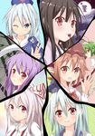  absurdres animal_ears antennae arrow bad_id bad_pixiv_id bamboo bamboo_forest black_hair blue_hair bow braid branch bunny_ears efe face forest fujiwara_no_mokou full_moon green_hair hair_bow hat highres houraisan_kaguya imperishable_night inaba_tewi jeweled_branch_of_hourai kamishirasawa_keine long_hair moon multiple_girls mystia_lorelei nature nurse_cap one_eye_closed pink_hair purple_hair red_eyes reisen_udongein_inaba short_hair silhouette silver_hair touhou waving wings wriggle_nightbug yagokoro_eirin 