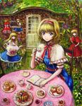  alice_margatroid blonde_hair blue_eyes book bow cake capelet chair creamer_(vessel) cup doll door food hair_bow hairband hourai_doll long_hair looking_up oil_painting_(medium) shanghai_doll short_hair sitting smile solo table tafuto tea tea_set teacup teapot touhou traditional_media tree 