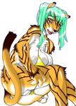  bikini blush bottomless breasts brown chest_tuft cleavage exposed feline female green_hair hair huge_breasts kemosuke long_green_hair long_hair looking_at_viewer open_mouth orange orange_eyes pussy skimpy solo stripes tail tiger undressing white white_background 