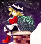  :q blonde_hair boots braid chimney christmas fur_trim hat highres kirisame_marisa orange_eyes sack santa_costume sitting sky solo star_(sky) starry_sky tongue tongue_out touhou witch_hat yellow_eyes yume_shokunin 