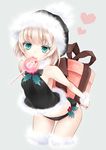  aqua_eyes bad_id bad_pixiv_id black_santa_costume blonde_hair candy christmas food gift halterneck hat heart holding holding_gift lollipop mijinkouka mouth_hold object_behind_back original panties santa_costume santa_hat short_hair solo underwear 