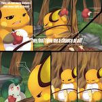  brown_eyes chikorita comic dialog dialogue female fruit male nintendo pok&#233;mon pok&eacute;mon raichu red_eyes springtime_desperation tail text tom_smith video_games 