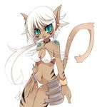  animal_ears bikini black blue_eyes breasts brown cat choker cleavage ear_piercing earring feline female hair inumimi-syndrome looking_at_viewer navel open_mouth panties piercing skimpy solo standing stripes tail toumitu unconvincing_armour underwear white_background white_hair 