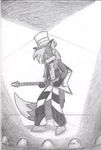  black_and_white canine fox guitar guitar_hero hat izzy_sparks lighting metal_fox monochrome stage tail top_hat 