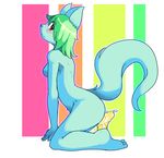  anthro blush breasts dildo feline female green_hair hair kneeling looking_at_viewer mammal masturbation novsilv nude pussy pussy_juice rubbing sex_toy side_view solo 