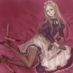  axis_powers_hetalia bad_id bad_pixiv_id belarus_(hetalia) blonde_hair blue_eyes brown_legwear dress gloves hair_ribbon high_heels highres knife lipstick long_hair makeup petticoat ribbon shoes sitting solo thighhighs very_long_hair yukishiro_(hitsuji) 