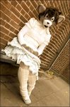  blue_eyes cute female frilly fursuit girly hair leg_warmer legwear looking_at_viewer mammal monochrome mouse real rodent sepia short_hair skirt solo tights unknown_artist 