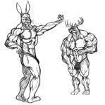  anthro butt cervine deer duo furry_(artist) horn horns lagomorph male mammal muscles plain_background rabbit speedo swimsuit tail underwear white_background 