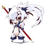  armor blazblue chibi cosplay flat_chest hakumen hakumen_(cosplay) long_hair mask midriff navel original pointy_ears ponytail red_eyes reku shiroko_(reku) solo sword weapon white_hair 