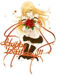  blazblue blonde_hair flower green_eyes happy_birthday long_hair noco noel_vermillion poinsettia smile solo thighhighs 