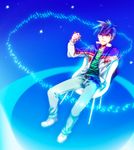  bad_id bad_pixiv_id blue_hair chair jacket male_focus mechanical_pencil number pencil shoes sitting sneakers solo tobaku_haouden_zero ukai_zero yamori_(ymrr) 