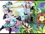  aqua_eyes aqua_hair black_legwear detached_sleeves flower hatsune_miku headphones highres long_hair necktie one_eye_closed open_mouth skirt sleeves_past_wrists smile solo thighhighs tokino_hitonatsu twintails very_long_hair vocaloid wings zebra 