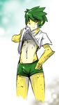  2010 blush bulge crimsonrabbit feline football green_eyes green_hair hair leopard looking_at_viewer male mascot short_hair soccer solo south_africa spots standing sweat tail tight_pants white_shirt world_cup zakumi 