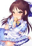  1girl apron blue_bow blush bow bowtie breasts brown_eyes brown_hair commentary cookie dot_nose dress dress_pull eat_me eyebrows_visible_through_hair food frills hair_bow hair_ornament heart heart-shaped_pupils idolmaster idolmaster_cinderella_girls idolmaster_cinderella_girls_starlight_stage light_blue_dress long_hair looking_at_viewer puffy_short_sleeves puffy_sleeves satou_kuuki short_sleeves simple_background small_breasts solo symbol-shaped_pupils tachibana_alice thighhighs white_apron white_background white_legwear wrist_cuffs yellow_neckwear 
