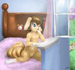  bedroom blue_eyes brown_hair canine cub dog female flat_chested hair jader mammal nude pussy solo young 