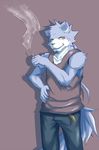  canine cigarette clothing ear_piercing earring male mammal pants piercing shirt silverio solo tail tank_top wolf yellow_eyes 