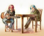  1girl acoustic_guitar bad_id bad_pixiv_id blue_hair blush denim guitar inazuma_eleven inazuma_eleven_(series) instrument jeans kiyama_hiroto lowres pants pantyhose red_hair sitting sweater table tmhm urubida 