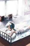  akg amamiya_yuki bad_id bad_pixiv_id bed blue_hair hand_on_headphones headphones idolmaster idolmaster_(classic) kisaragi_chihaya long_hair lying on_stomach pillow poster_(object) shorts solo speaker stereo striped 