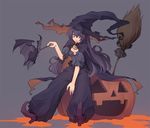  bad_id bad_pixiv_id bat broom cape full_body garuku halloween hat jack-o'-lantern long_hair open_mouth original pants pointy_shoes pumpkin purple_eyes purple_hair shoes simple_background sitting smile solo witch_hat 