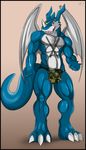  aaron aaron_(artist) abs biceps big_muscles bulge camo claws digimon dragon exveemon horn looking_at_viewer male muscles open_mouth pecs pepsi_(fa) pose solo standing underwear white_skin wings 