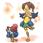  :d bare_shoulders black_hair blush_stickers bow chatot closed_eyes dress gen_4_pokemon hair_bow hitec moemon music musical_note open_mouth personification pinky_out pokemon pokemon_(creature) ponytail singing smile tail thighhighs wings zettai_ryouiki 