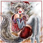  animal_ears detached_sleeves hat inubashiri_momiji lowres nanashii_(soregasisan) santa_hat short_hair silver_hair solo tail thighhighs touhou white_legwear wolf_ears wolf_tail 