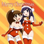  bad_id bad_pixiv_id brown_eyes brown_hair christmas elbow_gloves garter_straps gloves homura_shinji long_hair multiple_girls open_mouth ponytail purple_eyes purple_hair red_gloves santa_costume smile taneshima_popura thighhighs tsurime working!! yamada_aoi zettai_ryouiki 