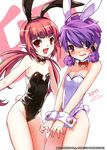  2girls aisha_(elsword) animal_ears bare_legs bunny_ears bunnysuit crossover dungeon_and_fighter elsword fang flat_chest long_hair mage_(dungeon_and_fighter) magician_(elsword) multiple_girls pointy_ears purple_eyes purple_hair red_eyes red_hair ress short_hair twintails white_background 