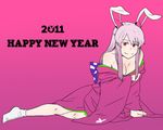  2011 animal_ears arm_support bare_shoulders blending breasts bunny_ears chinese_zodiac cleavage colored_eyelashes eyelashes japanese_clothes kimono large_breasts lying md5_mismatch new_year off_shoulder pink pink_eyes playboy purple_hair reisen_udongein_inaba simple_background smile socks solo tabi torinone touhou wide_sleeves year_of_the_rabbit 