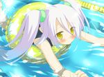  blush child game_cg highres hoshizora_no_memoria mare_s_ephemeral official_art one-piece_swimsuit school_swimsuit shida_kazuhiro swimming swimsuit twintails water white_hair yellow_eyes 