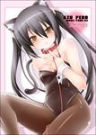  animal_ears bad_id bad_pixiv_id bare_shoulders black_hair blush brown_eyes cat_ears cat_tail collar k-on! kittysuit leash long_hair moyuru nakano_azusa pantyhose solo tail twintails 