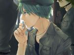  animal_ears bangs belt beret blurry breast_pocket chin_strap closed_mouth day depth_of_field dog_tags flippy from_side green_eyes green_hair green_hat happy_tree_friends hat head_out_of_frame headset holding kiss looking_away male_focus military military_uniform object_kiss pocket profile solo_focus uniform yugimaru_(sugar) 
