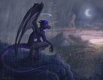  black black_hair dragon dreamkeepers hair halo horns male pants purple raining scalie solo stripes tail topless wings 