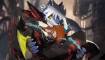  armor background black_nose blush canine claws dragon dragoon86 eyes_closed fangs female glowing green_eyes hair horns male markings open_mouth scalie short_hair white_hair wings wolf 