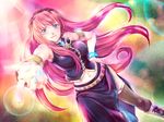  :d aqua_eyes bad_id bad_pixiv_id blue_nails boots hand_on_hip ichika_asatsuki long_hair megurine_luka midriff nail_polish navel open_mouth pink_hair pointing skirt smile solo thighhighs vocaloid 