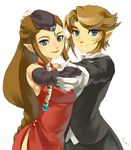 1girl blue_eyes brown_hair dress earrings elbow_gloves formal gloves jewelry link long_hair muse_(rainforest) pointy_ears princess_zelda red_dress short_hair simple_background suit the_legend_of_zelda the_legend_of_zelda:_twilight_princess 