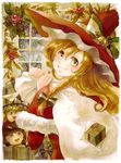  bad_id bad_pixiv_id bell blonde_hair christmas gift hakurei_reimu hat hat_ribbon keiko_(mitakarawa) kirisame_marisa ribbon santa_costume solo touhou traditional_media window witch_hat yellow_eyes yukkuri_shiteitte_ne 