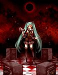  aqua_hair bad_id bad_pixiv_id blue_eyes boots bow bowtie checkered checkered_floor detached_sleeves hatsune_miku headphones heterochromia long_hair megaphone michele red_eyes skirt solo speaker thigh_boots thighhighs twintails very_long_hair vocaloid 
