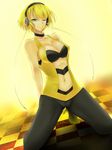  bandeau blonde_hair blush breasts cable checkered checkered_floor cleavage green_eyes gym_leader headphones high_heels highres hips kamitsure_(pokemon) kneeling leggings medium_breasts navel one_eye_closed pokemon pokemon_(game) pokemon_bw sakuto shadow shoes solo 