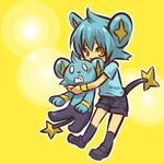  animal_ears blue_hair blush_stickers foaming_at_the_mouth gen_4_pokemon hitec hug moemon personification pokemon pokemon_(creature) shinx short_hair shorts smile tail yellow_eyes 