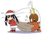  animal_costume antlers black_eyes black_hair boots brown_hair hat hirasawa_yui iefukurou k-on! kneeling lowres motion_lines multiple_girls nakano_azusa reindeer_costume sack santa_costume santa_hat short_hair simple_background sweat twintails 