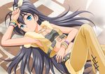  aqua_eyes arm_up armpits beyond_the_vibes black_hair bracelet ganaha_hibiki hand_on_forehead idolmaster idolmaster_(classic) jewelry long_hair lying midriff nokia_(harusion) on_back solo strapless tubetop vest 