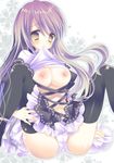  bad_id bad_pixiv_id black_legwear breasts hashimo_yuki hijiri_byakuren long_hair medium_breasts mouth_hold nipples panties purple_hair shirt_lift solo thighhighs touhou underwear yellow_eyes 