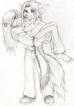  arctic_fox border_collie canine carry carrying clothing couple cradling cuddle cuddling dog female fox greyscale hair kissing long_hair luca_fox male mammal monochrome pants paws plain_background shoes sketch tail topless unknown_artist white_background 