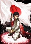  axis_powers_hetalia bad_id bad_pixiv_id black_hair flag hetaraion japan_(hetalia) japanese_flag katana male_focus mouth_hold one_knee sheath sheathed solo sword weapon 